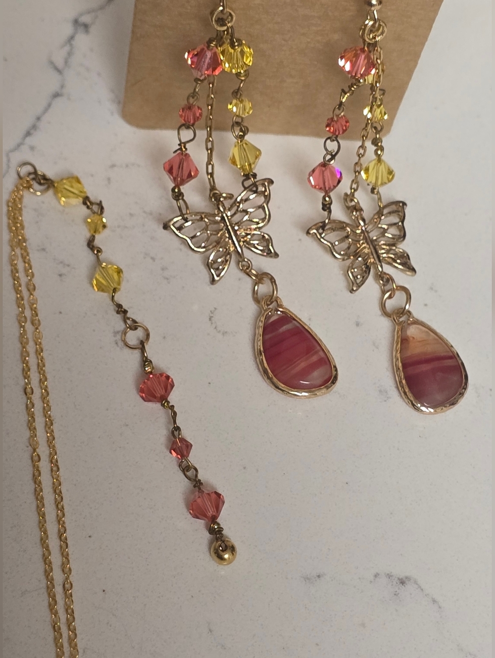 Vintage Butterfly Charm Gold Earrings & Necklace